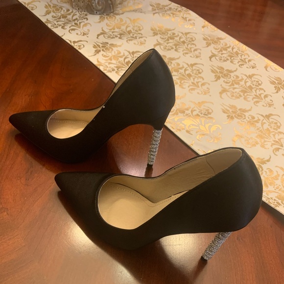 JACOBIES Woman's Pump Heels “DORSA “-  Black Satin  With Christals on heels. - Picture 10 of 15